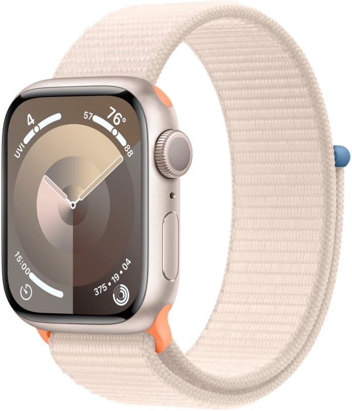 Apple Watch Series 9, 45 мм, корпус из алюминия цвета «сияющая звезда», спортивный ремешок Loop «сияющая звезда»